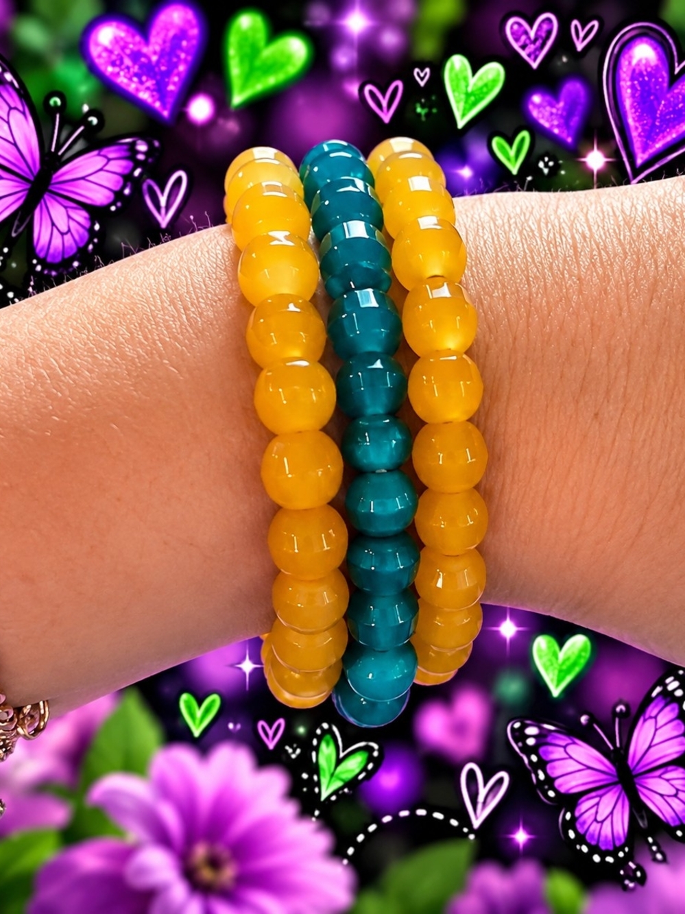 2 Yellow and 1 Teal Beaded Stretch Bracelet Set - Women Jewelry